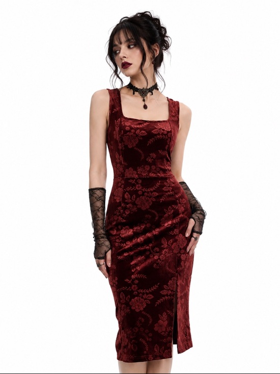 Emery Rose Dresses & Skirts - Emery Rose Rust Red Floral Velvet Midi Dress Size Medium